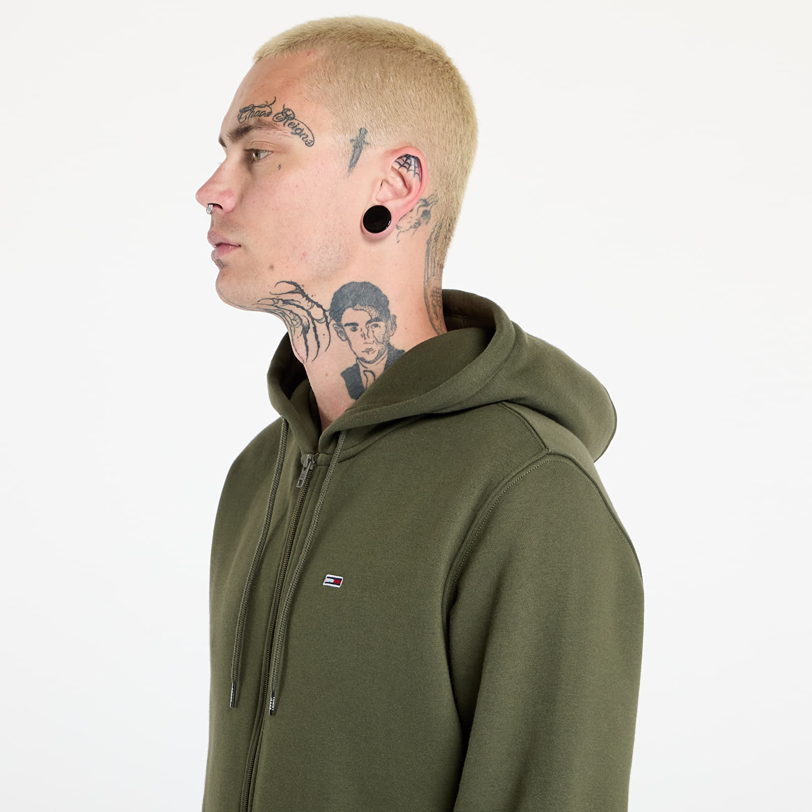Pánské mikiny Tommy Jeans Regular Flag Zip Through Hoodie Fatique Green