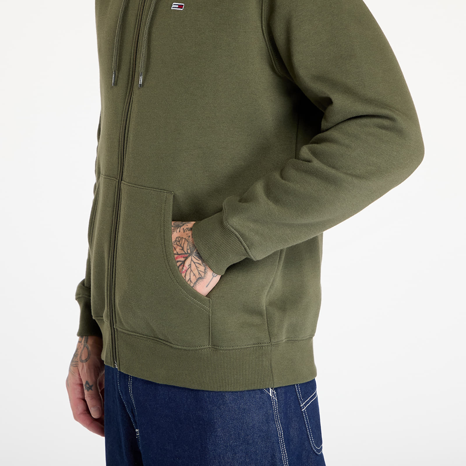 Pánské mikiny Tommy Jeans Regular Flag Zip Through Hoodie Fatique Green