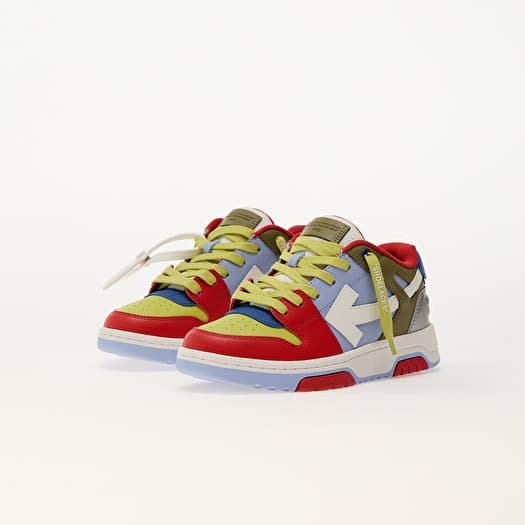 off white red blue and yellow shoes