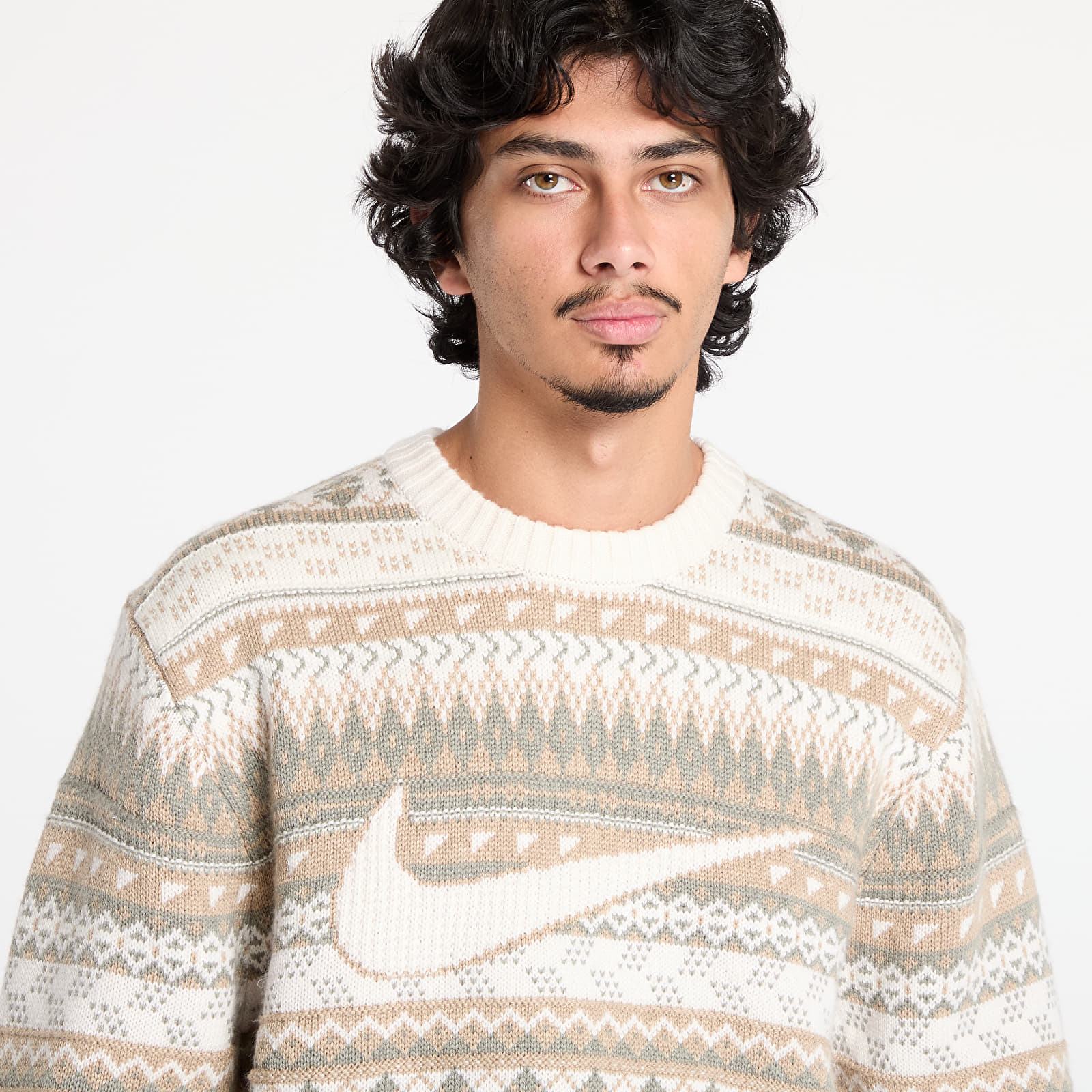 Men s sweaters Nike Life Fair Isle Swoosh Sweater Light Orewood Brown Sail Khaki Footshop
