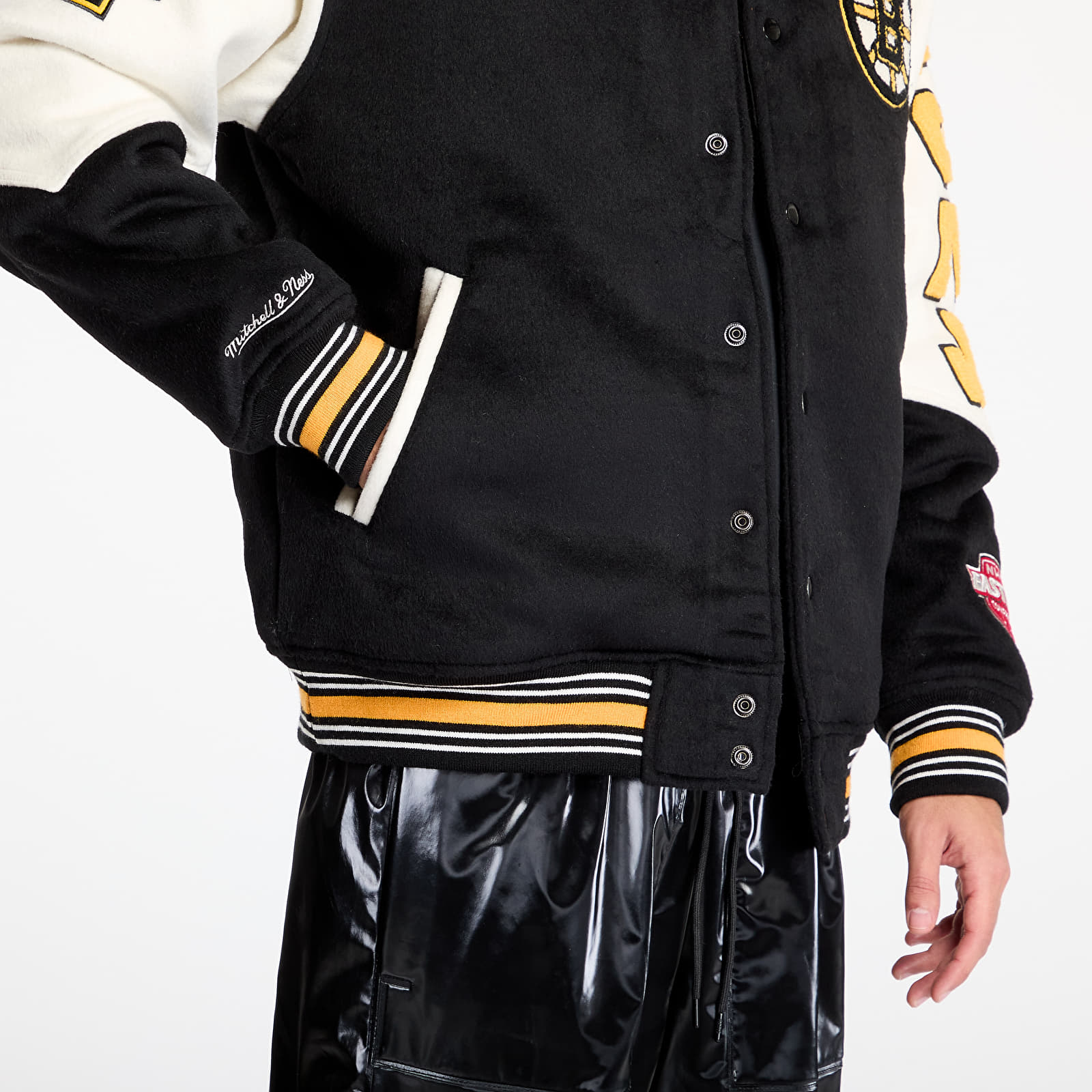 Bombery Mitchell & Ness NHL Team History Varsity Jacket Current Logo Bruins Black