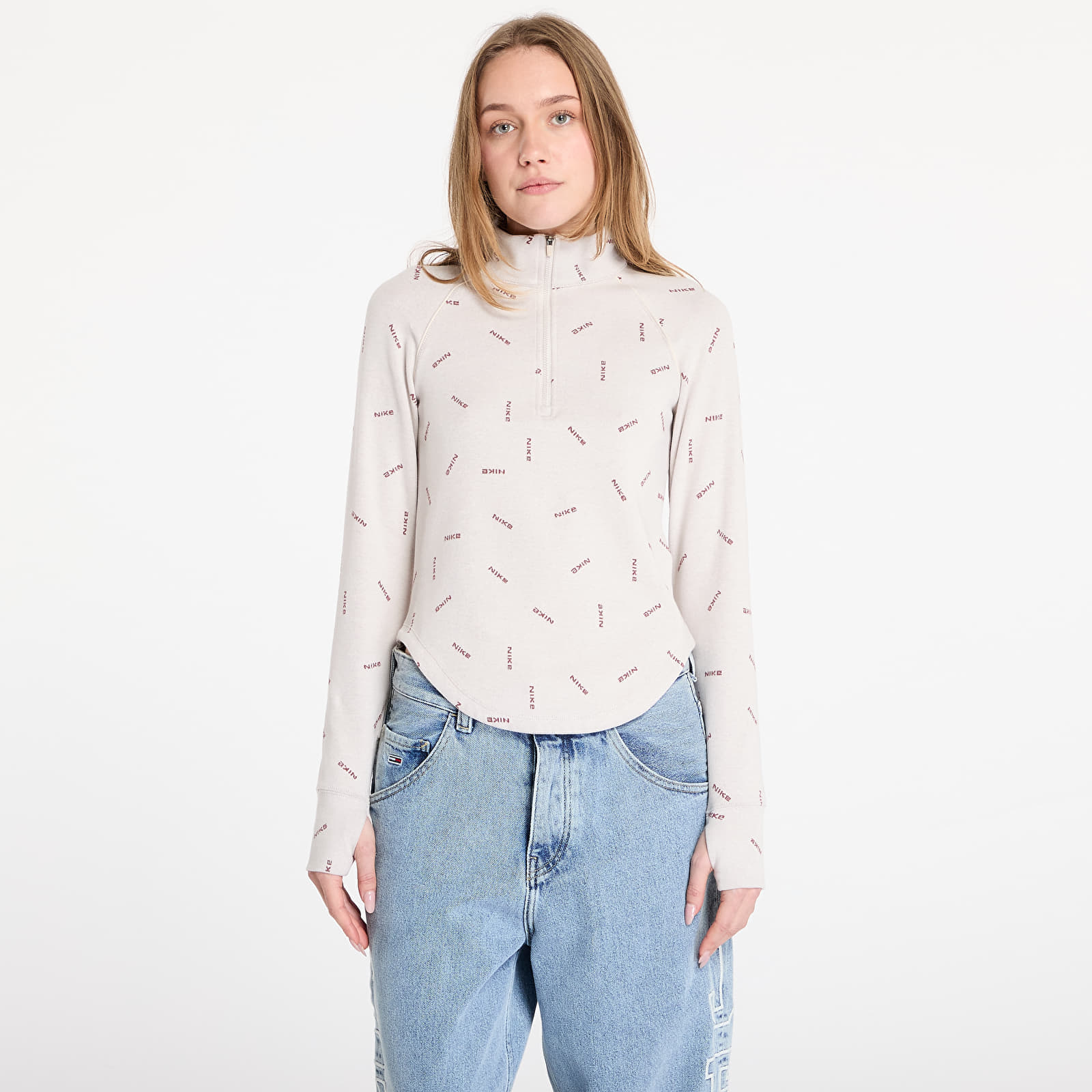 T-shirt Nike Sportswear Collection Women's Logo Half-Zip Long-Sleeve Top Lt Orewood Brn/ Red Sepia/ Lt Orewood Brn M