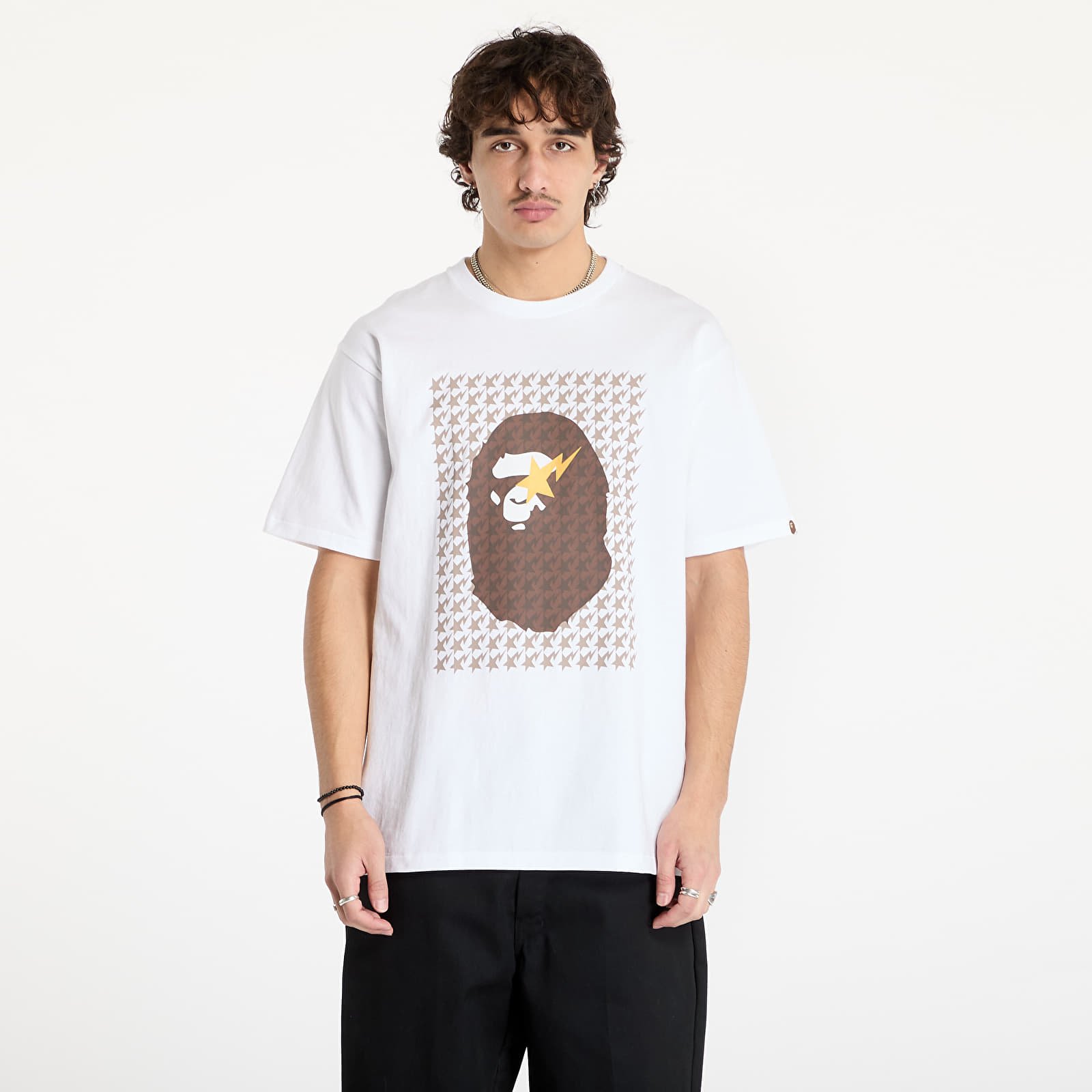 Мужские футболки A BATHING APE Sta Houndstooth Ape Head Tee White/ Brown