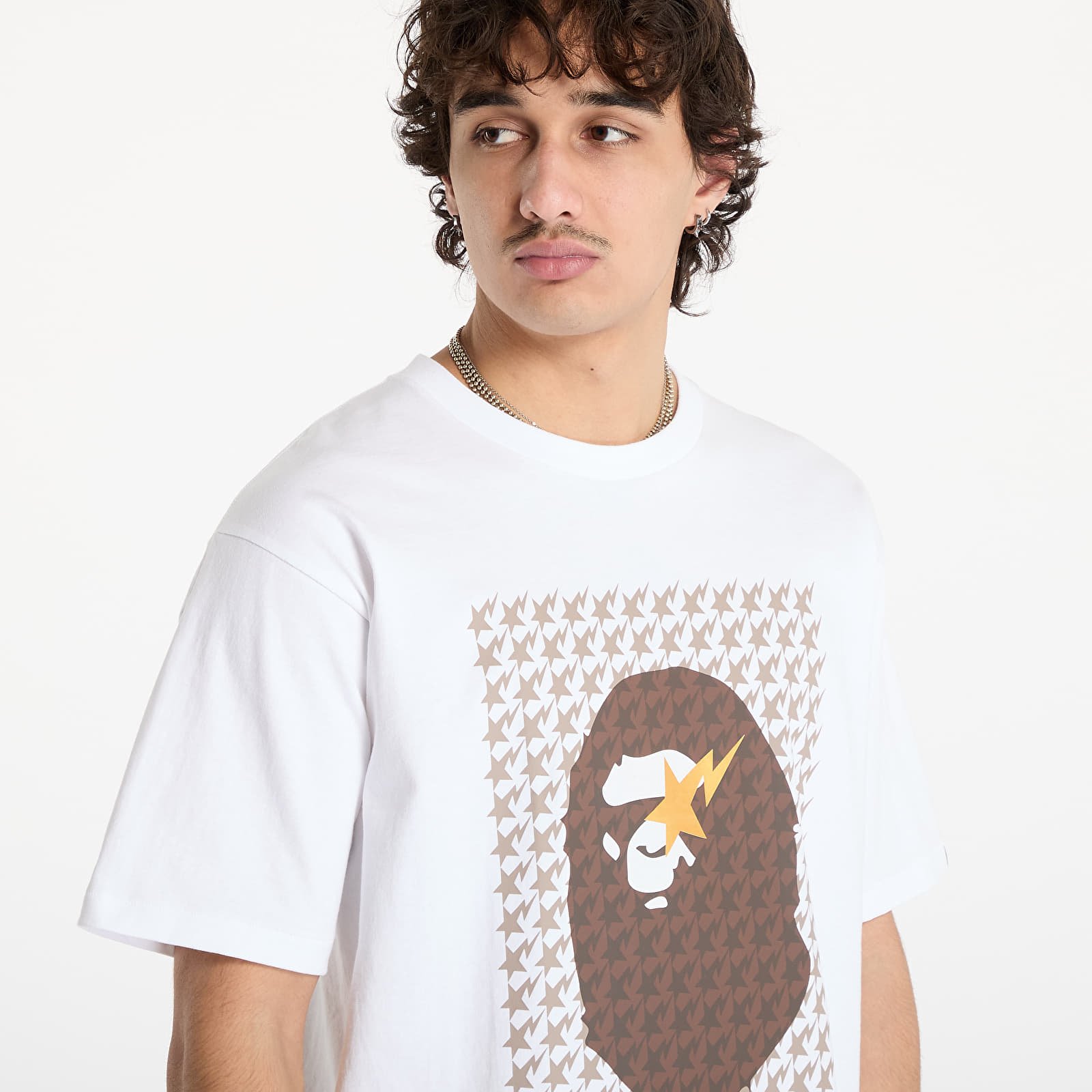 Miesten T-paidat A BATHING APE Sta Houndstooth Ape Head Tee White/ Brown