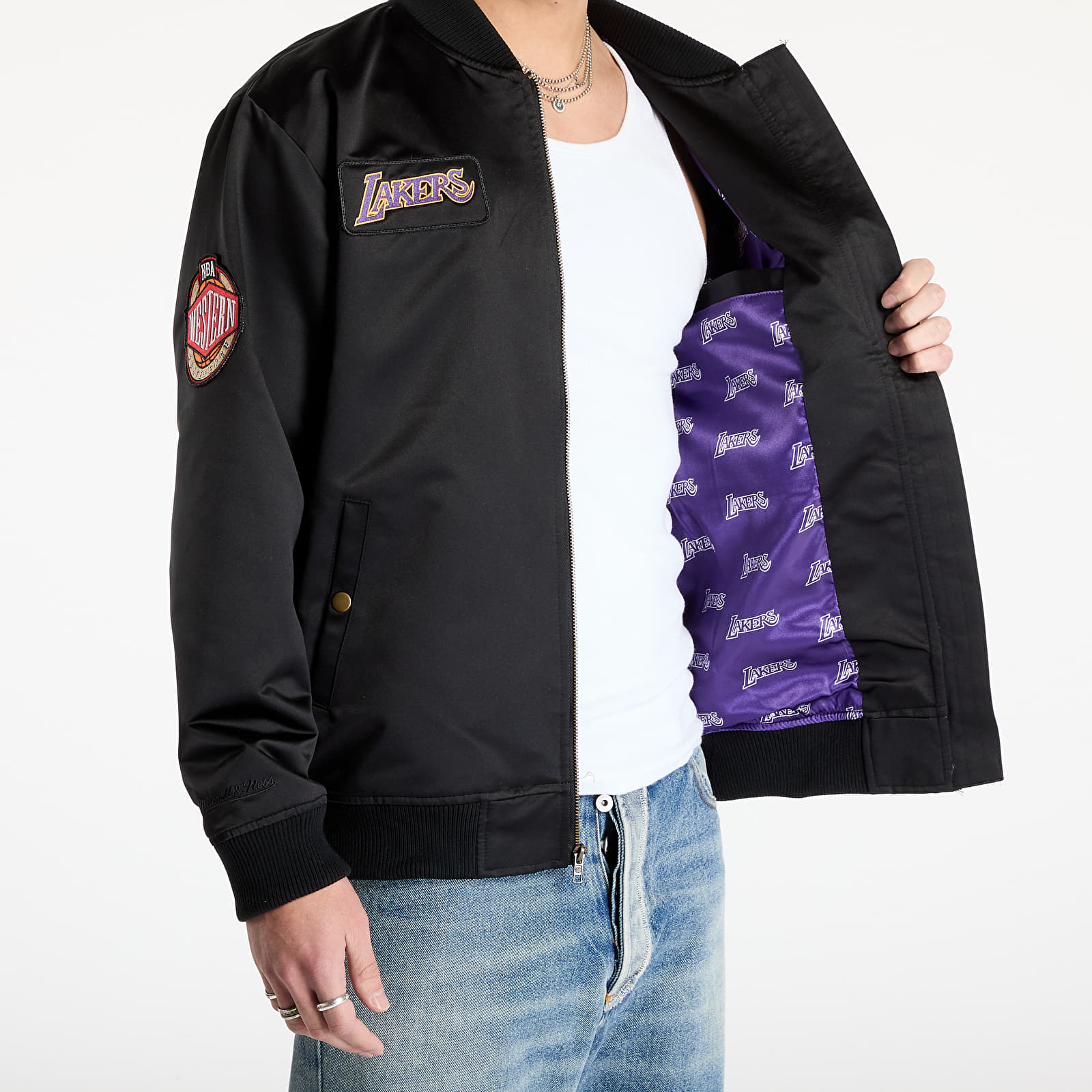 Bundy Mitchell & Ness NBA Team Leader Satin Vintage Logo Lakers Bomber Black