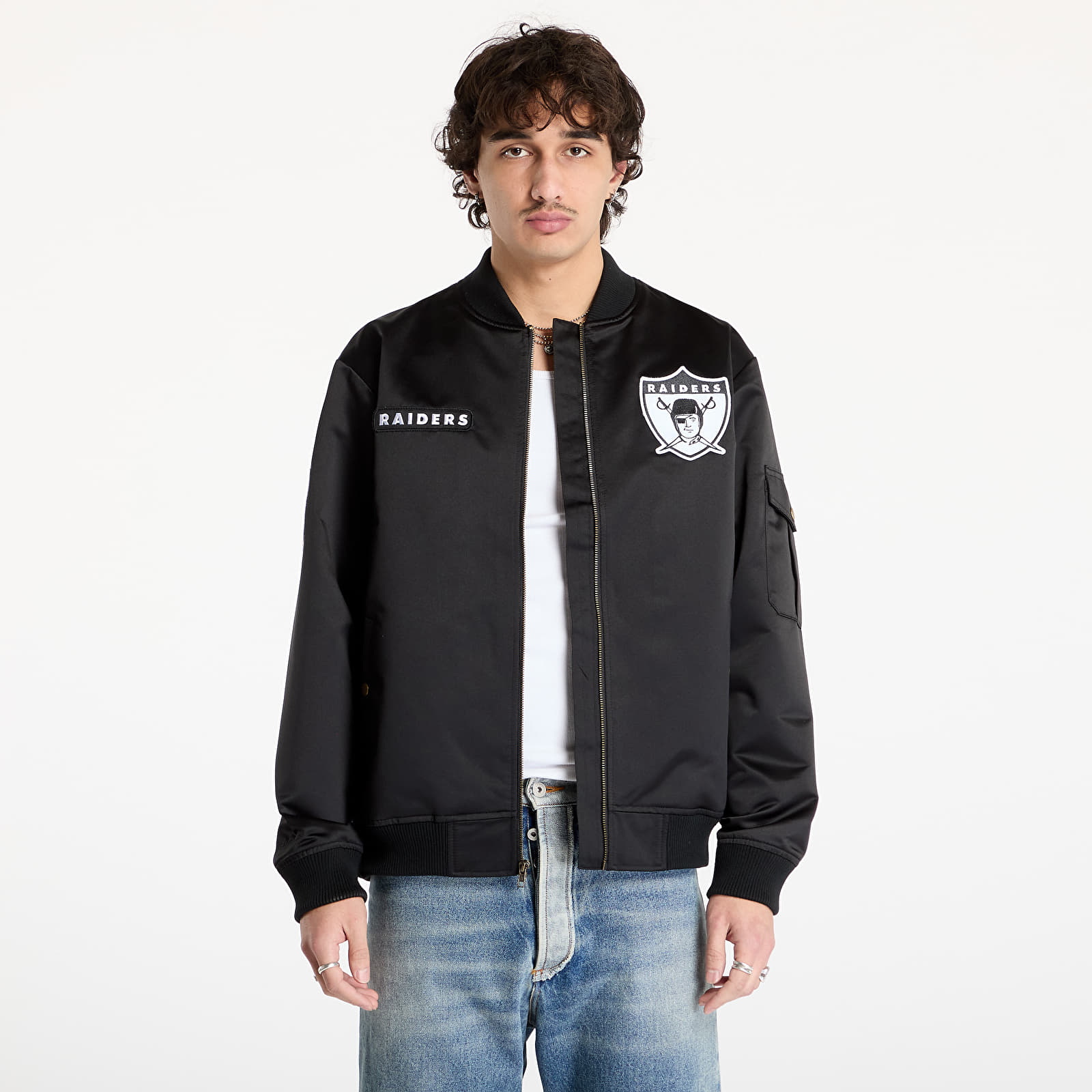 Bundy Mitchell & Ness NFL Team Leader Satin Vintage Logo Raiders Bomber Black