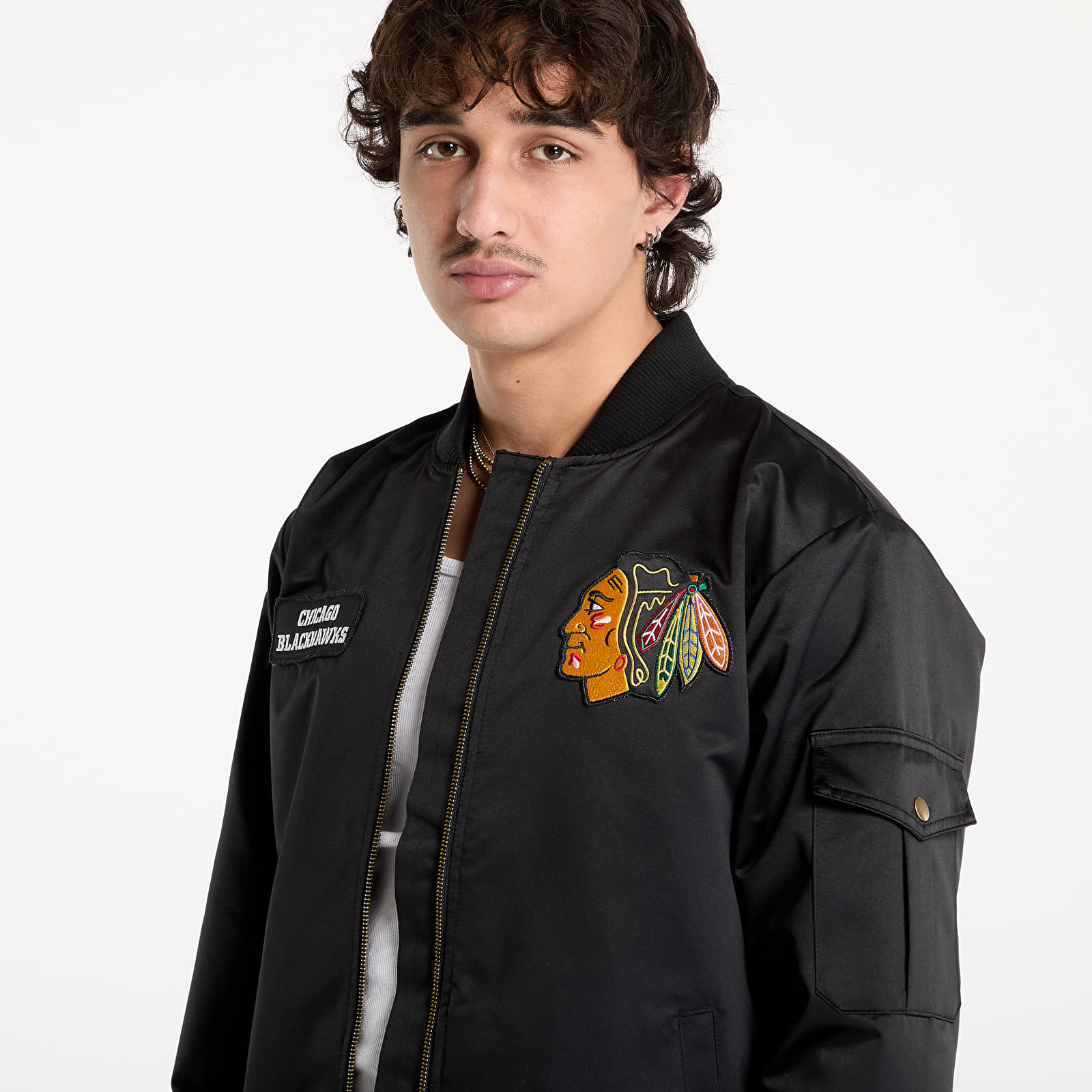 Jackets Mitchell & Ness NHL Team Leader Satin Current Logo Blackhawks Bomber Black