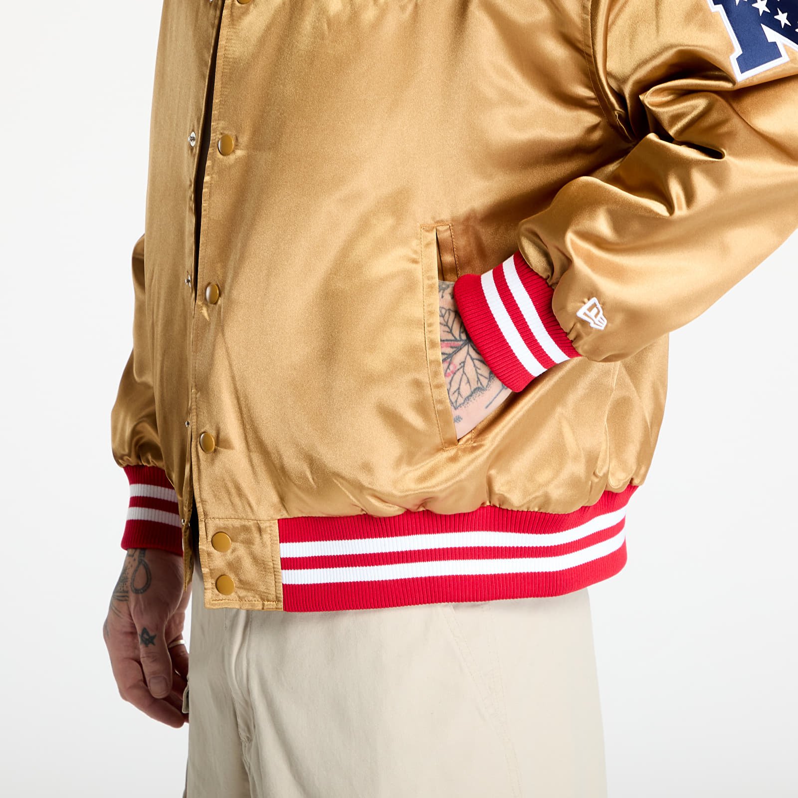 Bombery New Era San Francisco 49Ers NFL Beige Satin Bomber Jacket UNISEX Bronze/ Scarlet