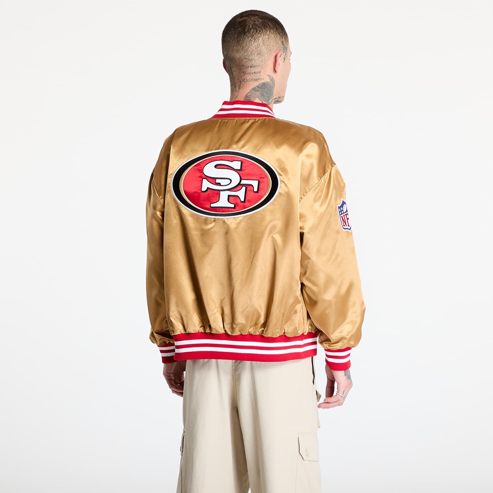 Bombery New Era San Francisco 49Ers NFL Beige Satin Bomber Jacket UNISEX Bronze/ Scarlet