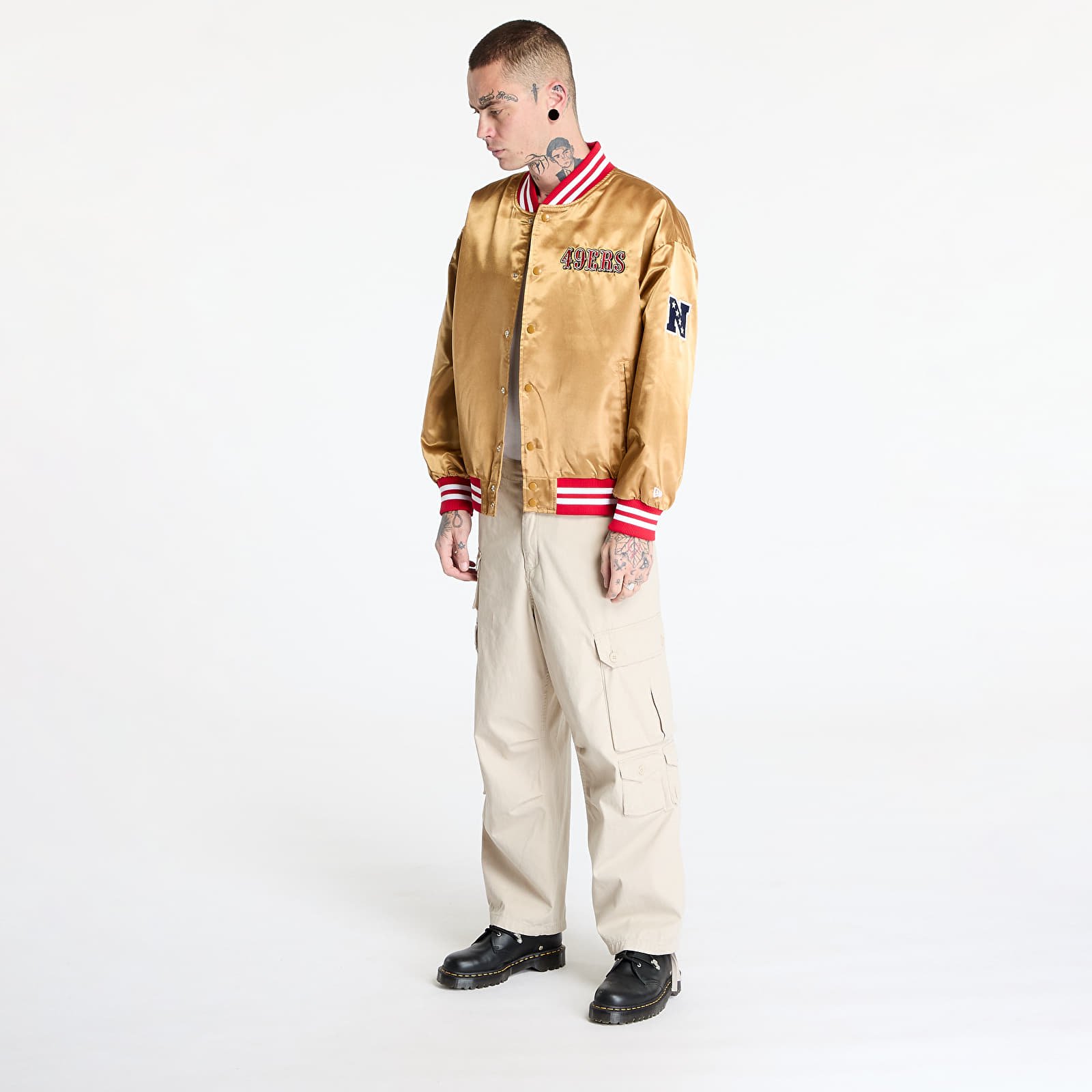 Bombery New Era San Francisco 49Ers NFL Beige Satin Bomber Jacket UNISEX Bronze/ Scarlet