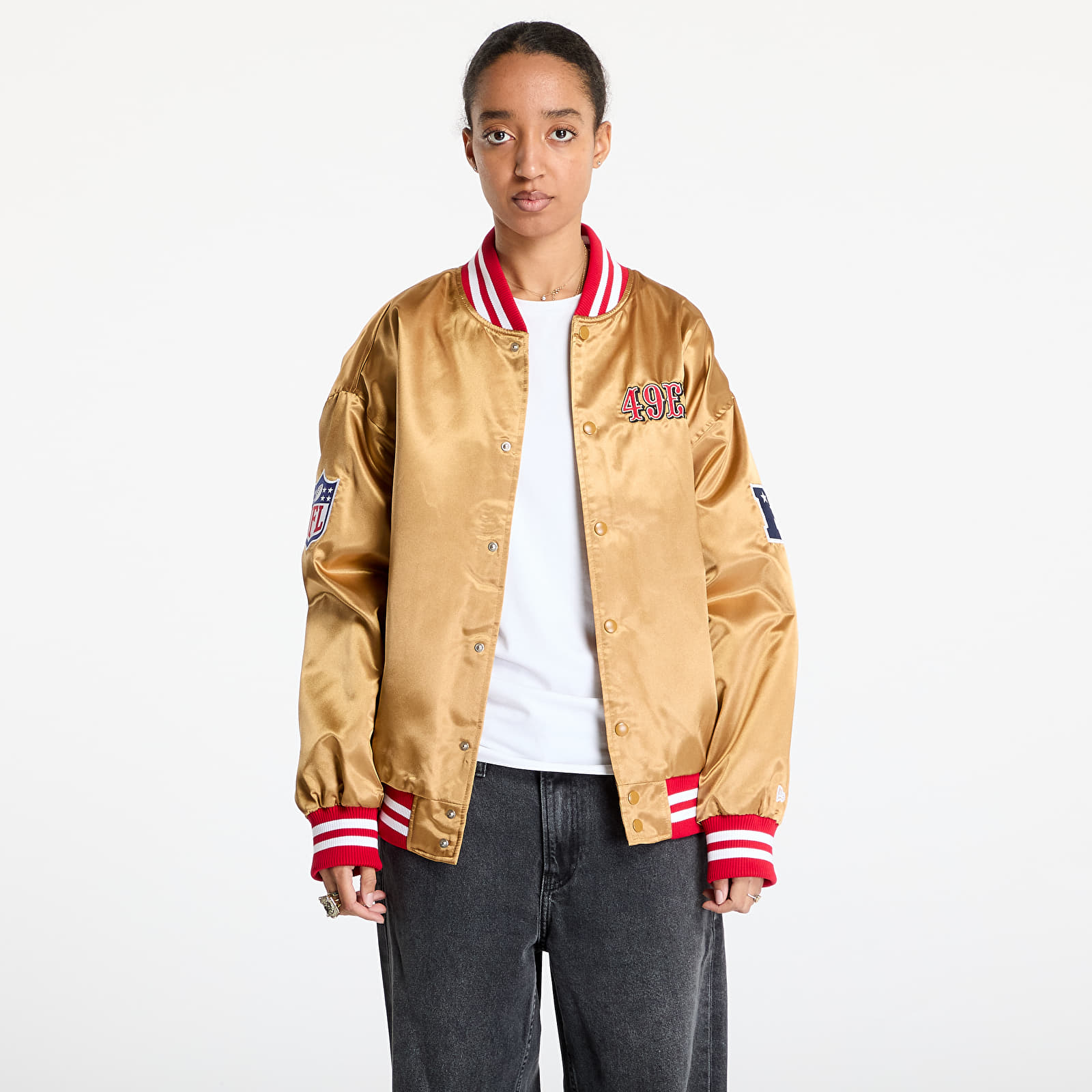 Bombery New Era San Francisco 49Ers NFL Beige Satin Bomber Jacket UNISEX Bronze/ Scarlet