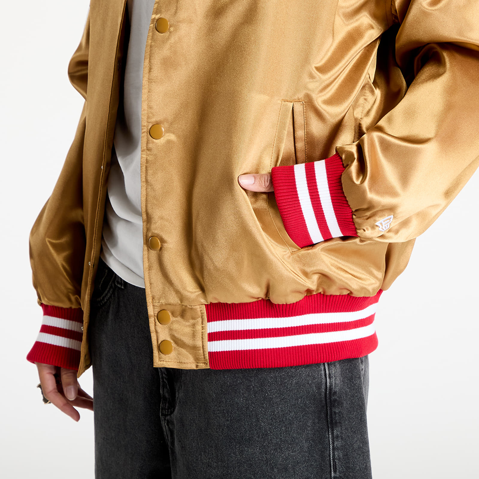 Bombery New Era San Francisco 49Ers NFL Beige Satin Bomber Jacket UNISEX Bronze/ Scarlet
