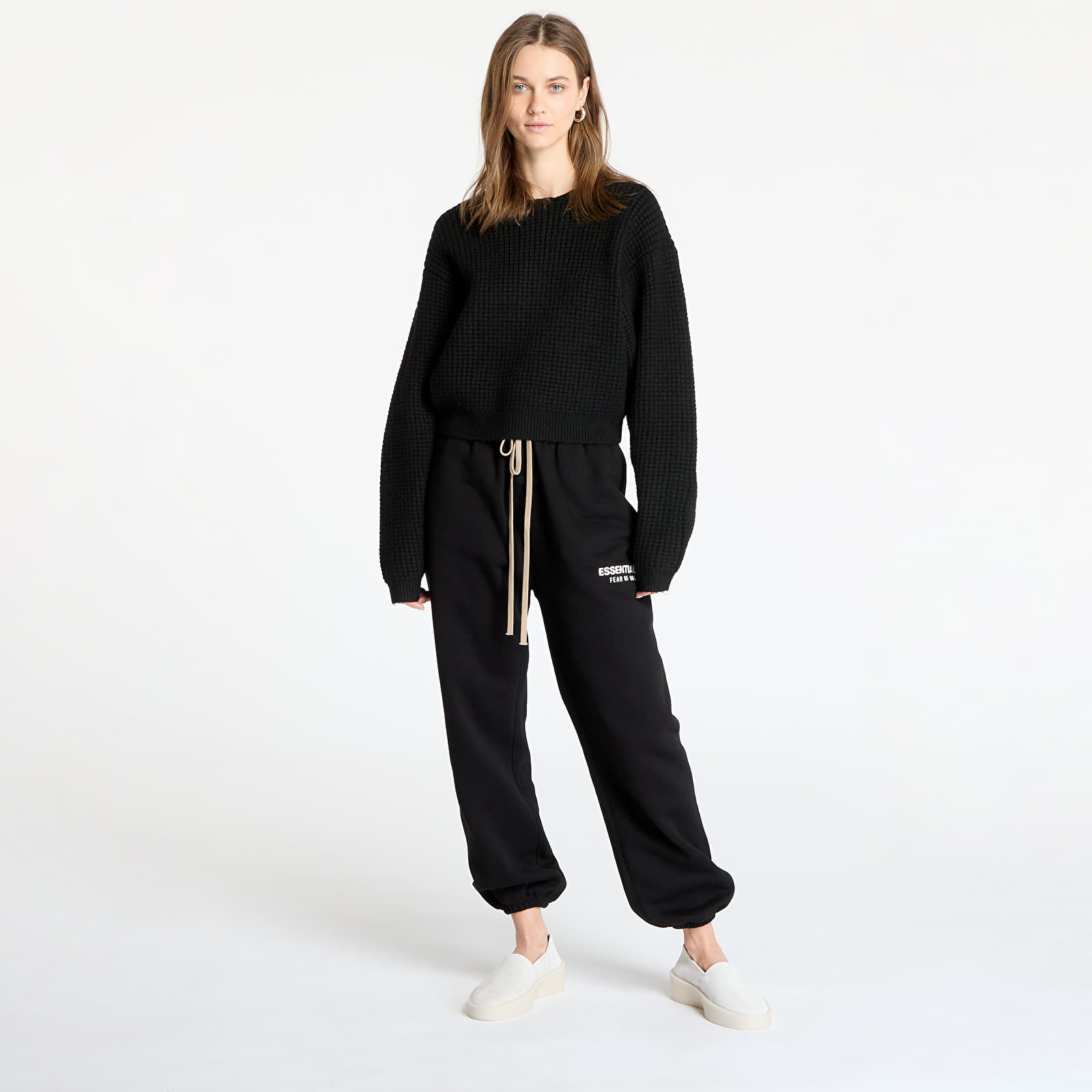 Swetry Fear Of God ESSENTIALS Heavy Waffle Cropped Crewneck Black