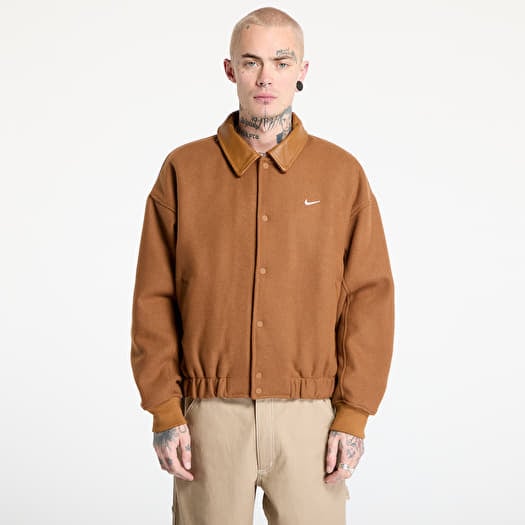 Nike Solo Swoosh Men's Wool Varsity Jacket Light British Tan/ Light Orewood Brown/ White