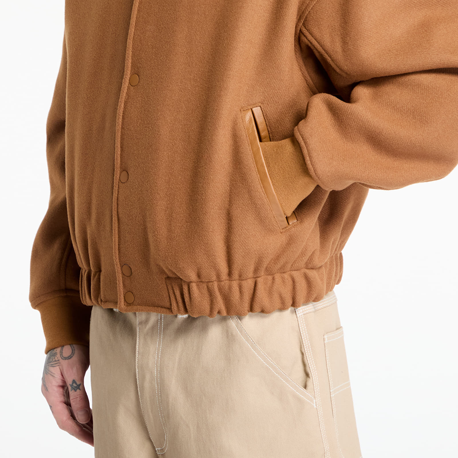 Kurtki Nike Solo Swoosh Men's Wool Varsity Jacket Light British Tan/ Light Orewood Brown/ White