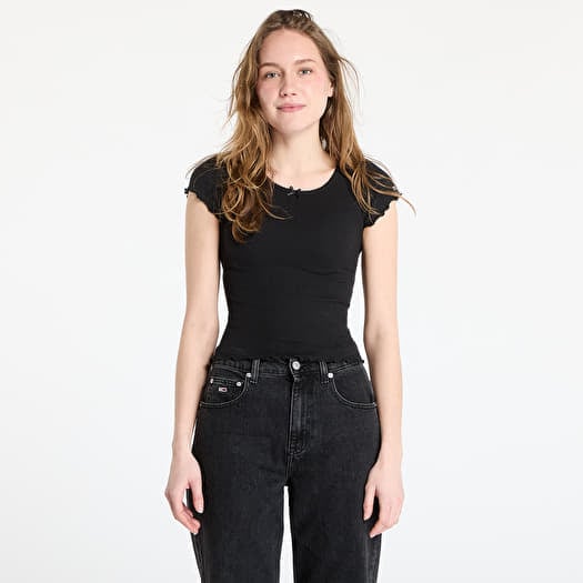 Tričko Tommy Jeans Slim Scallop Rib Tee Black