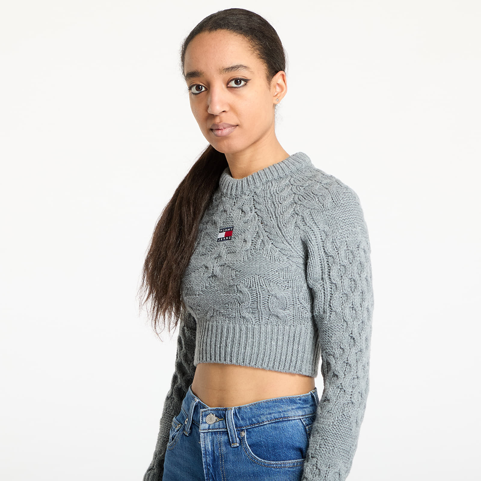 Svetry Tommy Jeans Badge Star Cable Sweater Gray