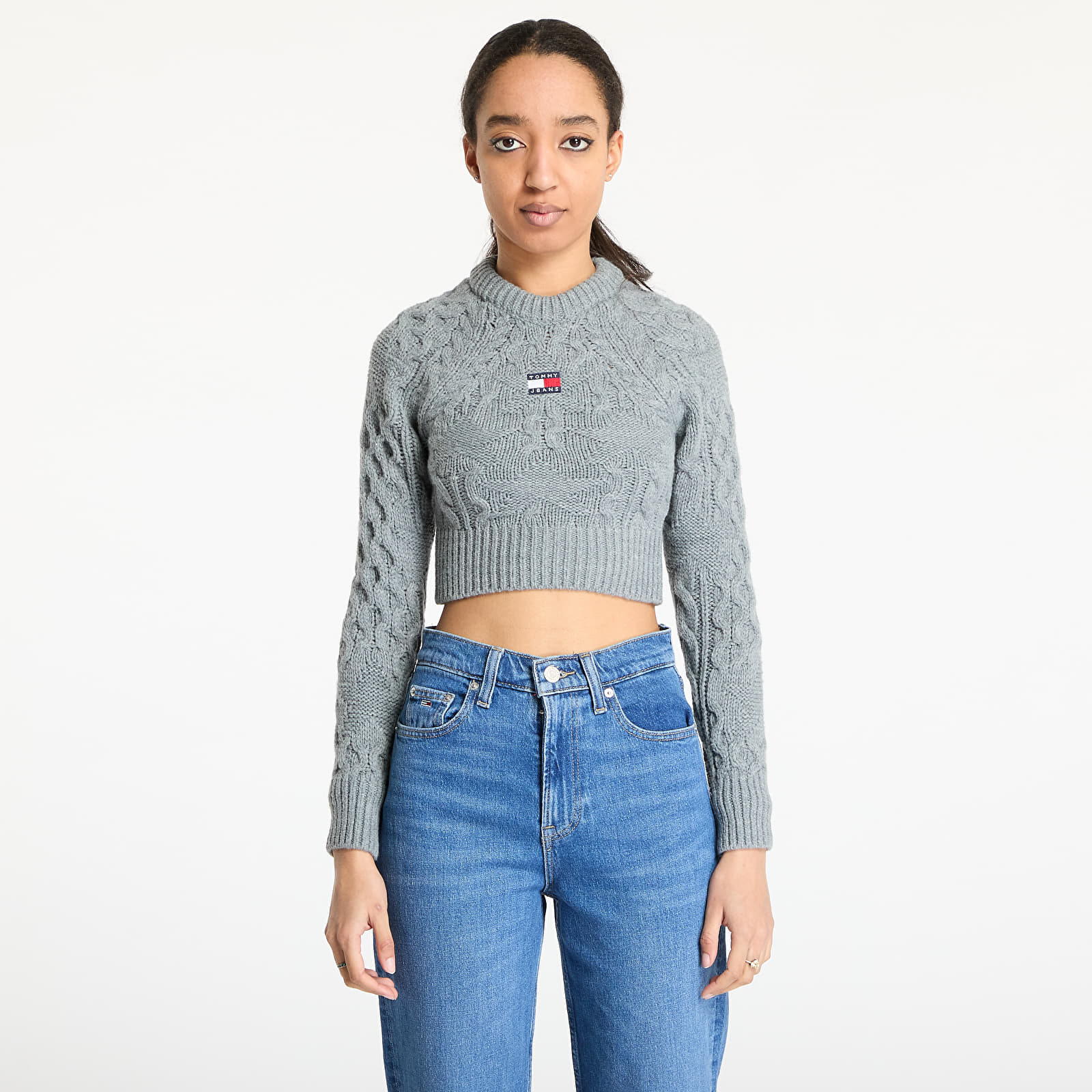 Svetry Tommy Jeans Badge Star Cable Sweater Gray