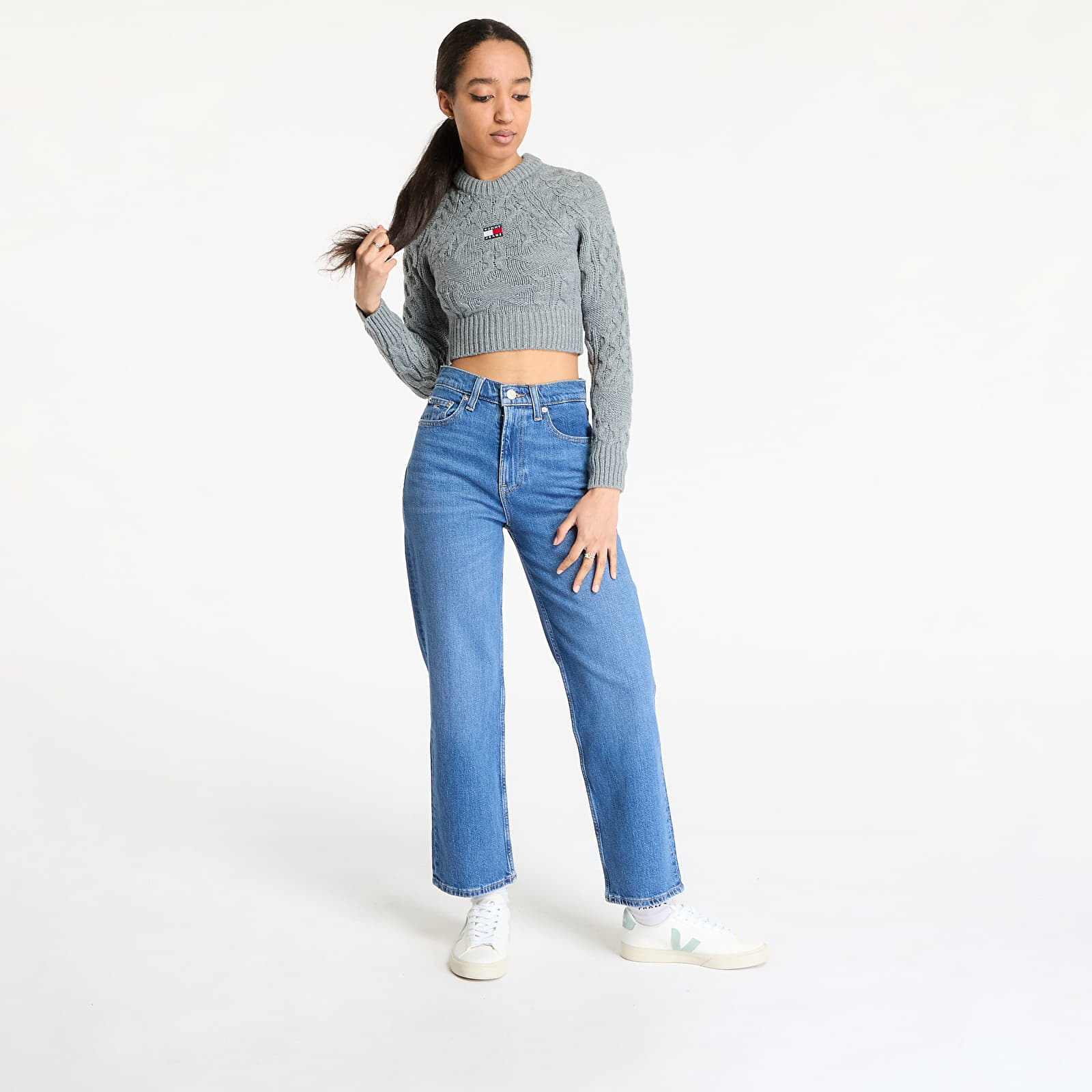 Svetry Tommy Jeans Badge Star Cable Sweater Gray
