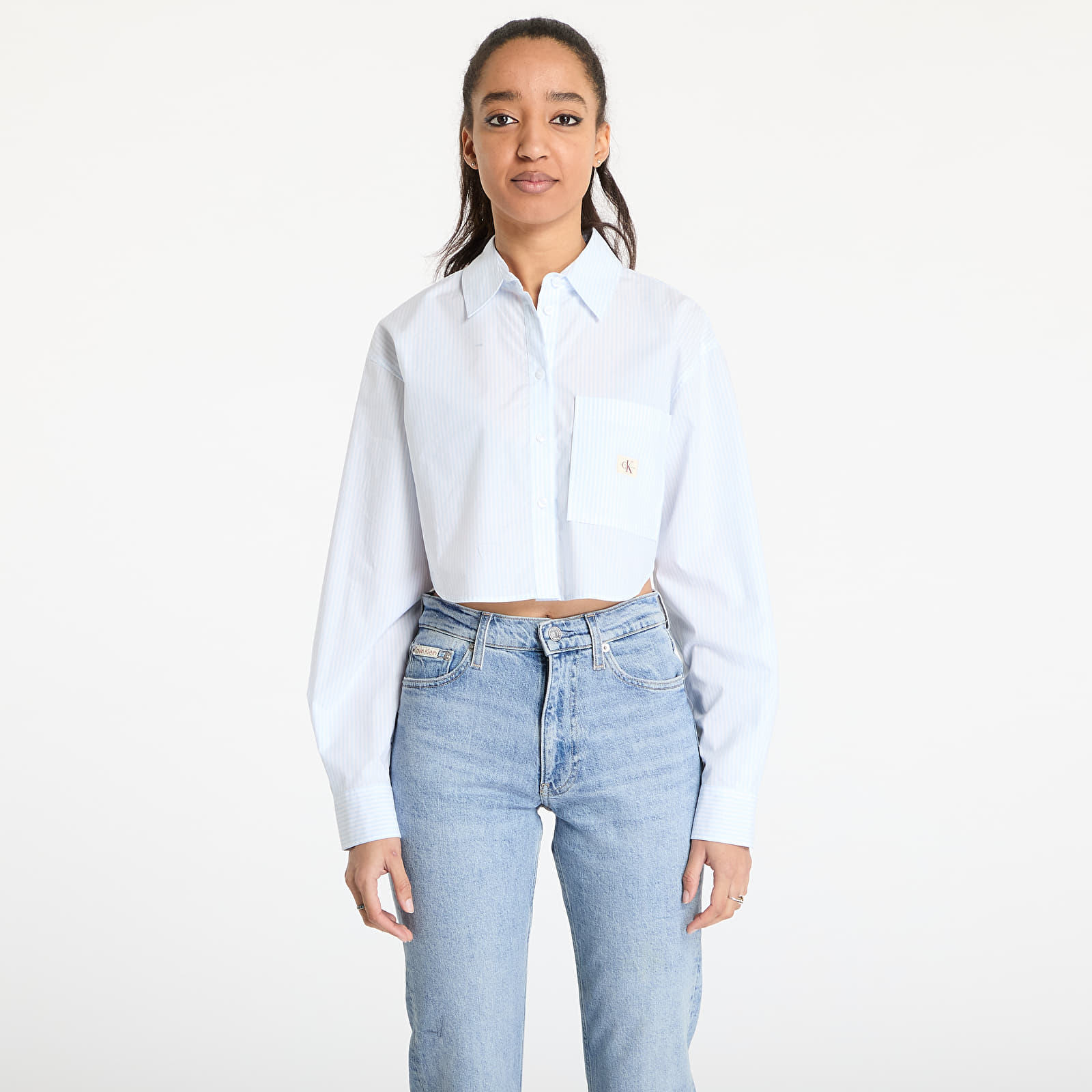 Ingek Calvin Klein Jeans Woven Label Cropped Shirt Blue