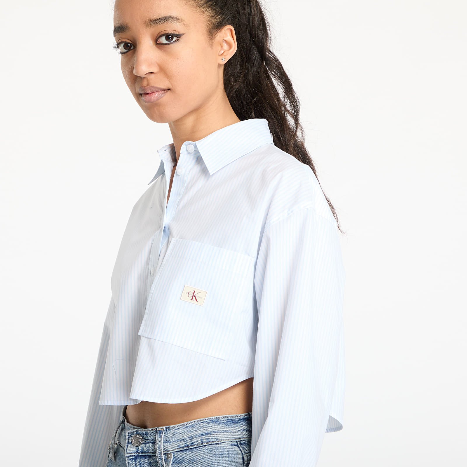 Ingek Calvin Klein Jeans Woven Label Cropped Shirt Blue