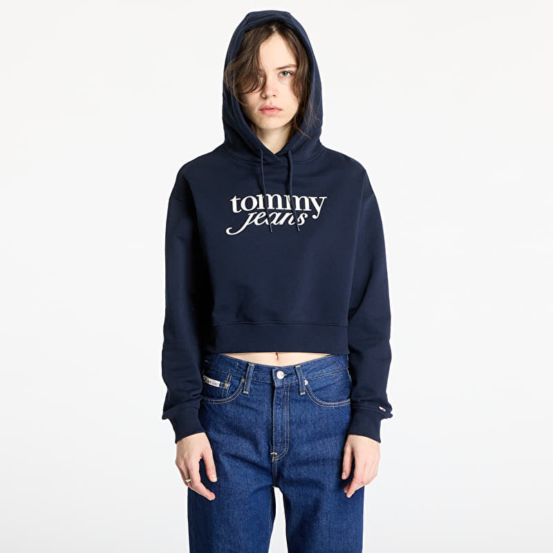 Sweatshirt Tommy Jeans Relaxed Cropped Script Hoodie Blue