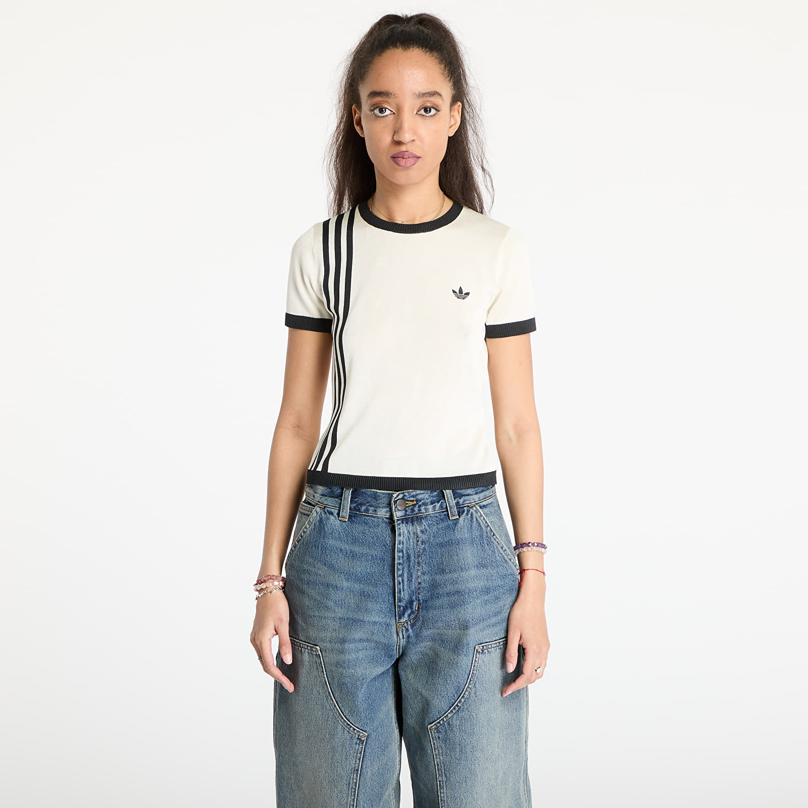 Damen T-Shirts  adidas Knitted 3 Stripe Short Tee Cream White