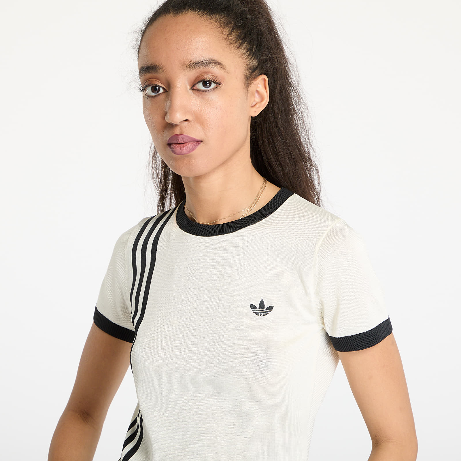 Damen T-Shirts  adidas Knitted 3 Stripe Short Tee Cream White