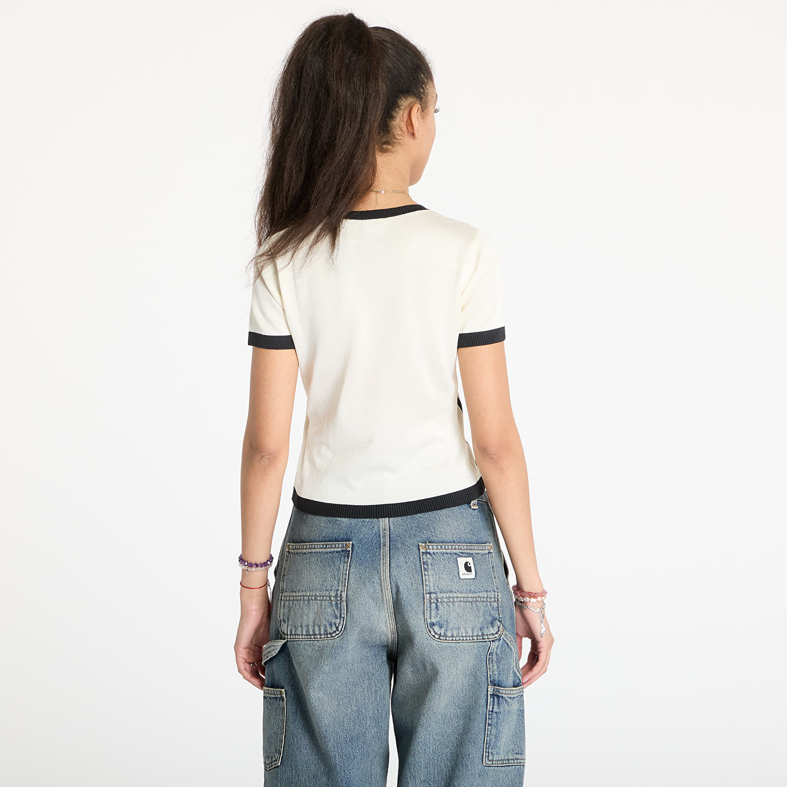 Damen T-Shirts  adidas Knitted 3 Stripe Short Tee Cream White