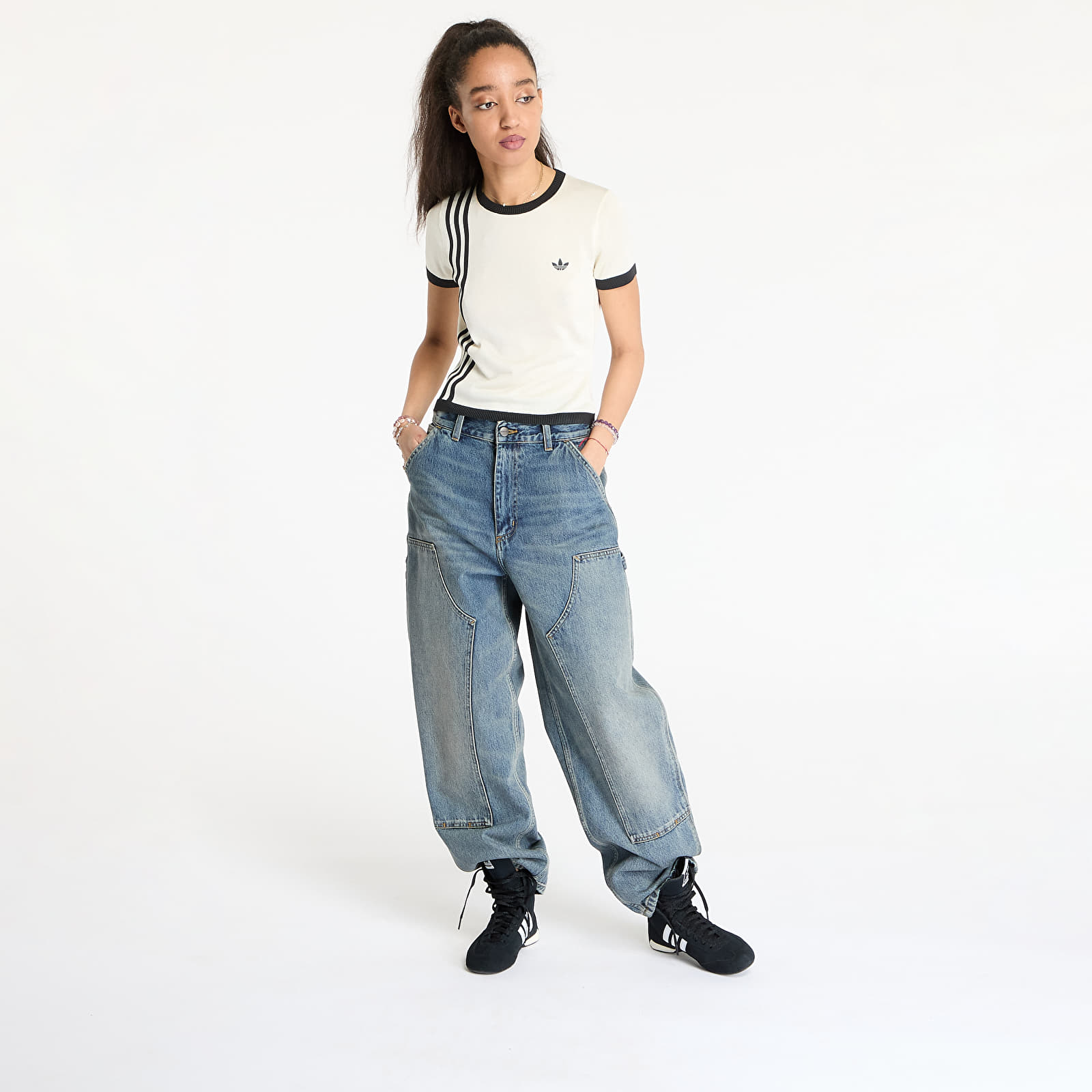 Damen T-Shirts  adidas Knitted 3 Stripe Short Tee Cream White