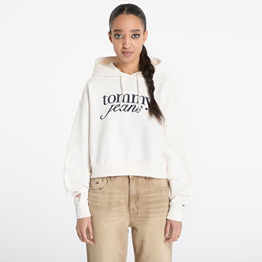 Tommy Jeans Relaxed Cropped Script Hoodie White