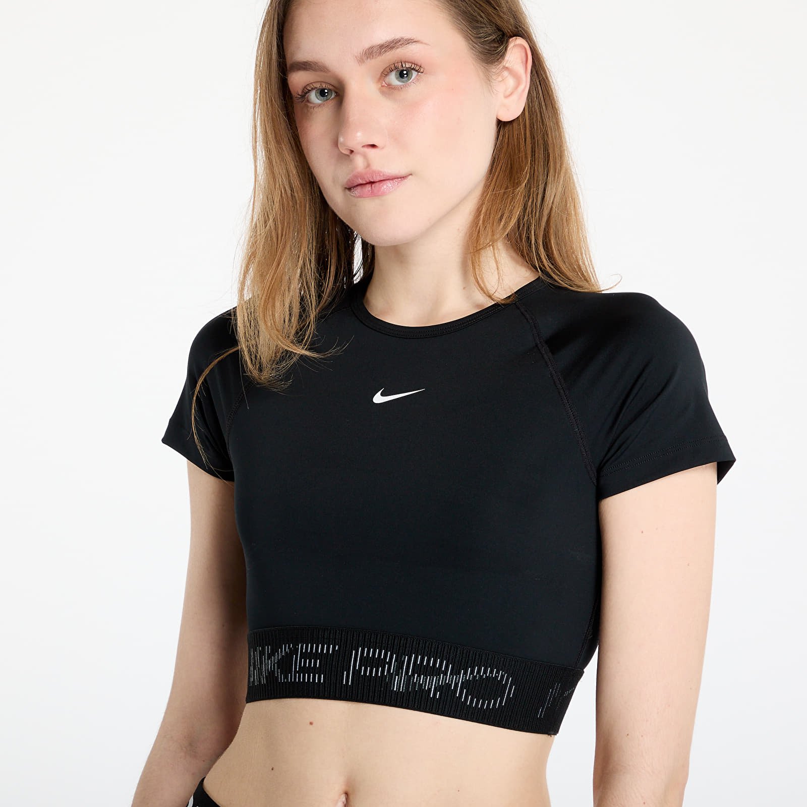Sieviešu topi Nike Pro Women's Dri-FIT Short-Sleeve Cropped Graphic Top Black/ Cool Grey/ White