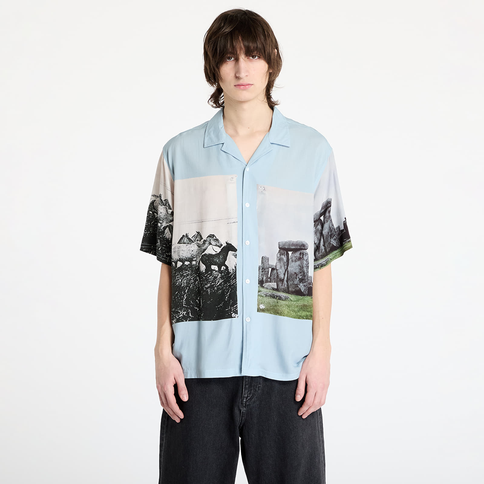 Pánské košile PLEASURES Stone Horse Button Down Shirt Powder Blue