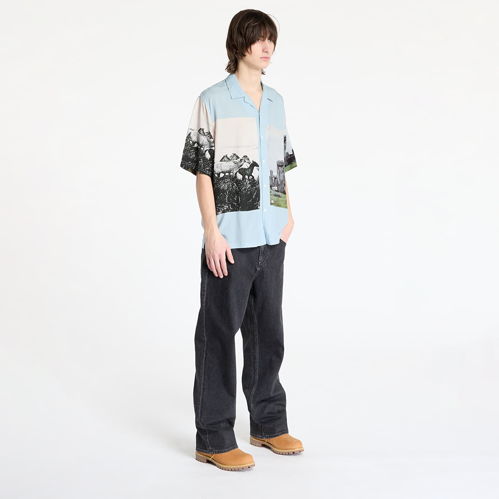 Pánské košile PLEASURES Stone Horse Button Down Shirt Powder Blue