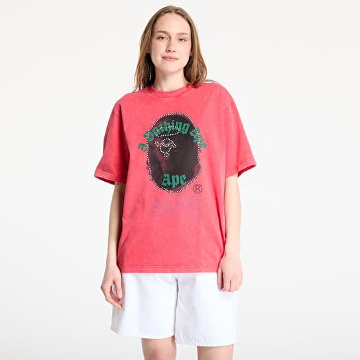 A BATHING APE Garment Dye Rhinestone Ape Head Relaxed Fit Tee UNISEX Red
