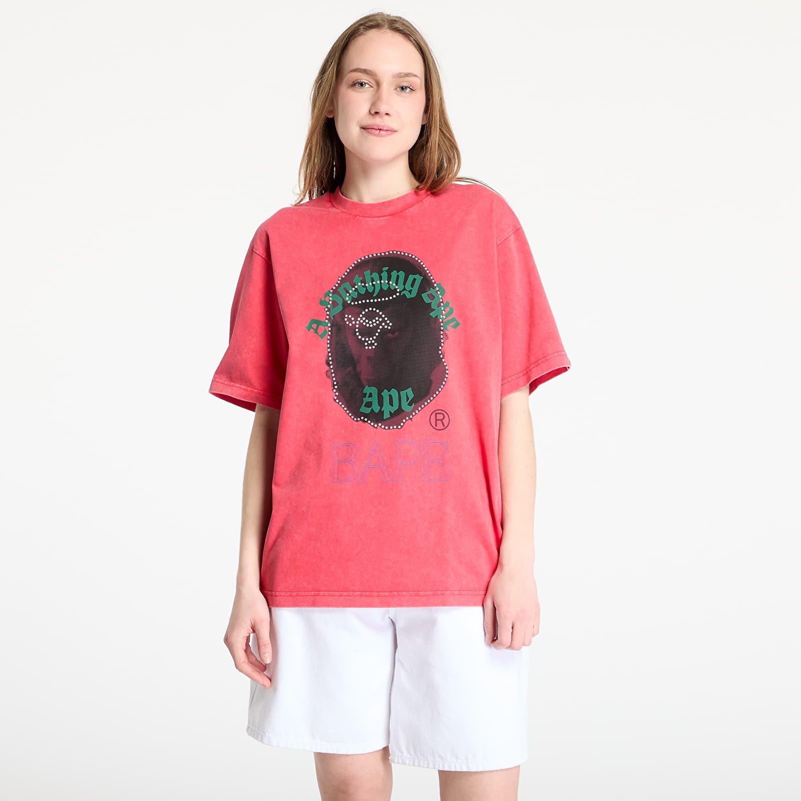 Men's T-shirts A BATHING APE Garment Dye Rhinestone Ape Head Relaxed Fit Tee UNISEX Red