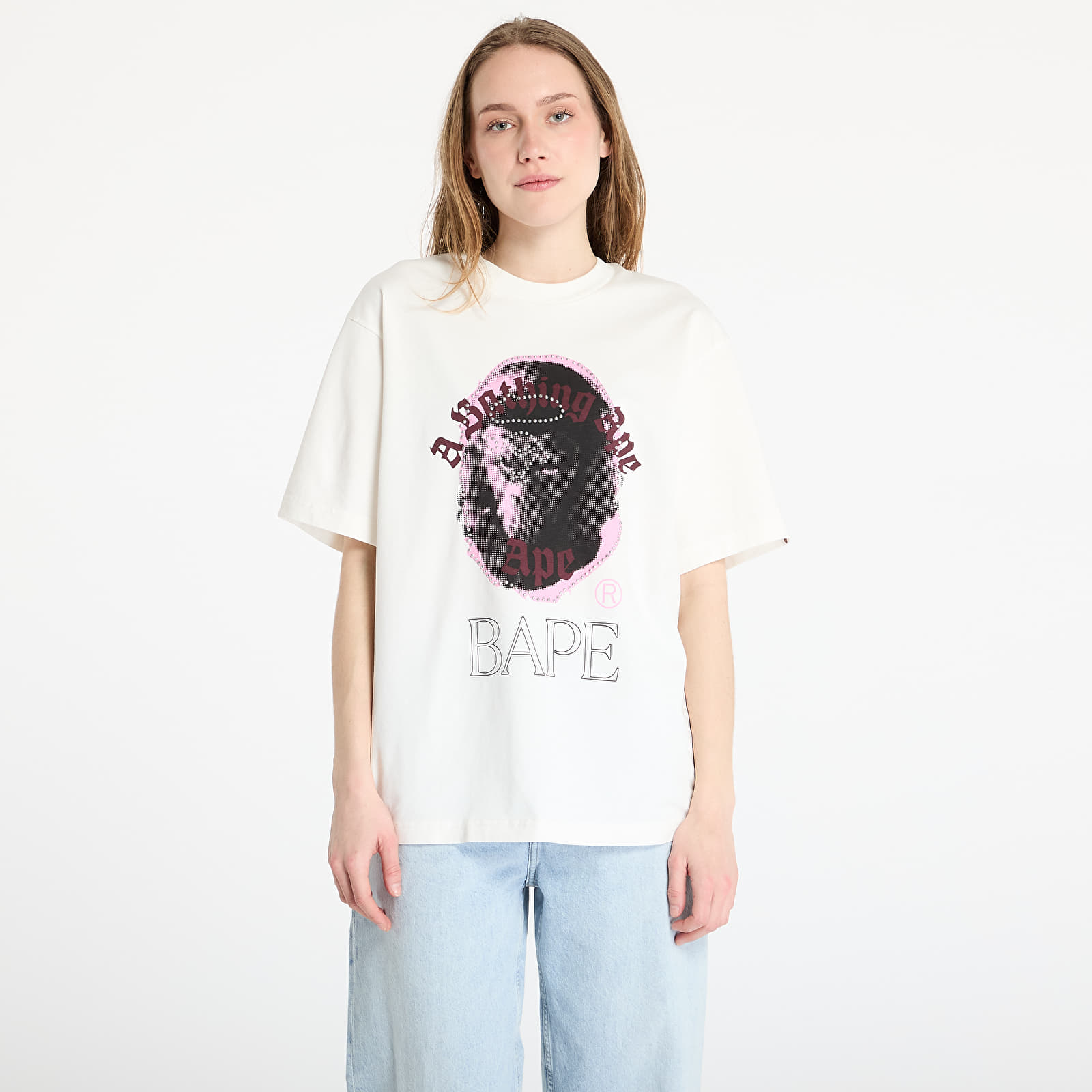 Männer T-Shirts A BATHING APE Garment Dye Rhinestone Ape Head Relaxed Fit Tee UNISEX Ivory