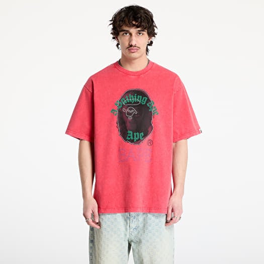 A BATHING APE Garment Dye Rhinestone Ape Head Relaxed Fit Tee UNISEX Red