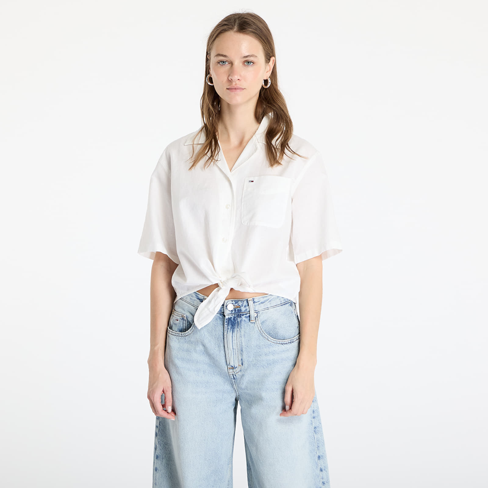Overhemden voor dames Tommy Jeans Crop Linen Shortsleeve Shirt White