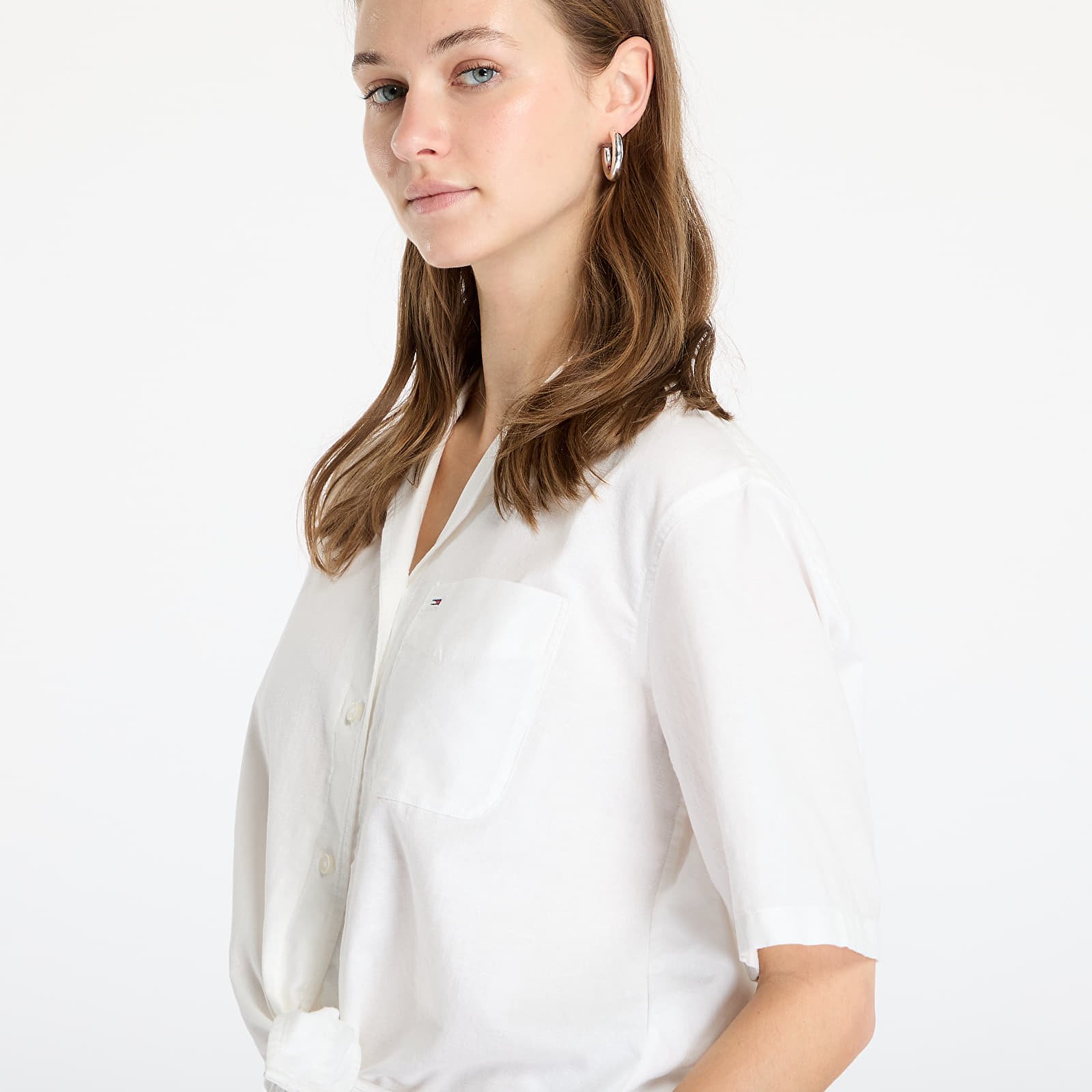 Overhemden voor dames Tommy Jeans Crop Linen Shortsleeve Shirt White