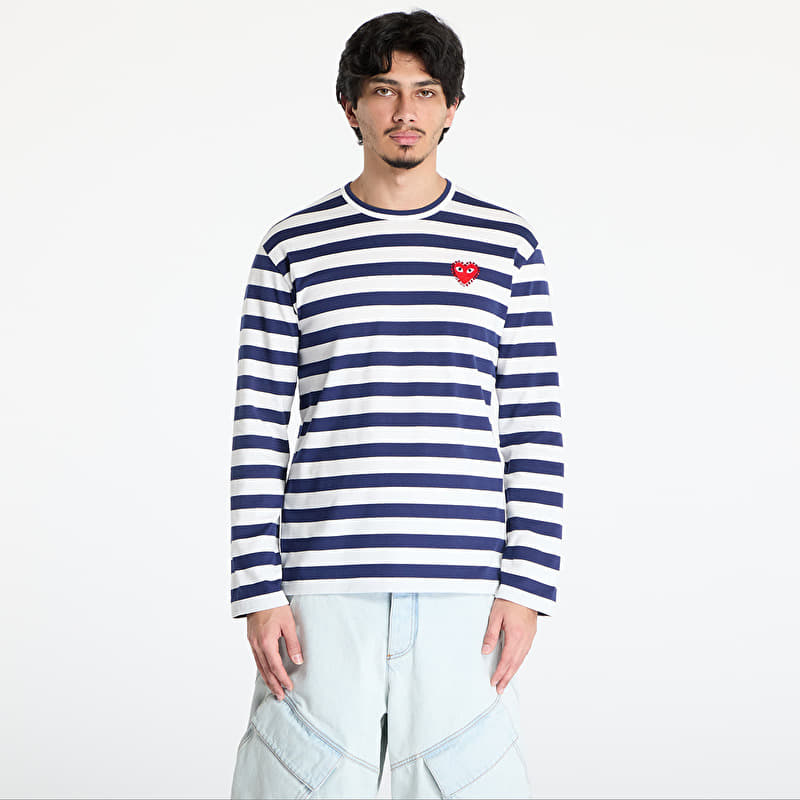 Comme des Garçons PLAY Stripe Emblem x Rhinestone Long Sleeve Tee UNISEX Navy/ White
