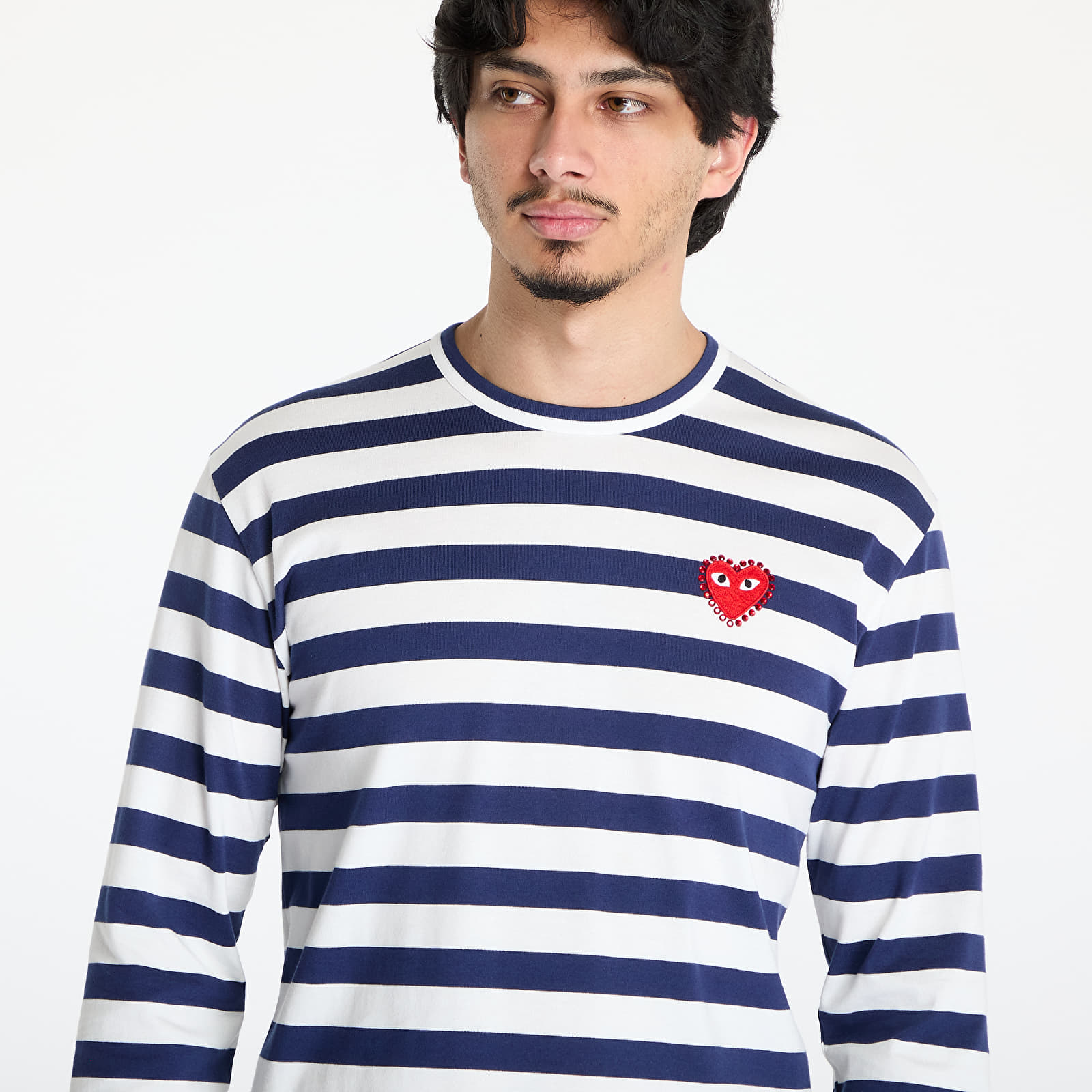 T-shirts Comme des Garçons PLAY Stripe Emblem x Rhinestone Long Sleeve Tee UNISEX Navy/ White