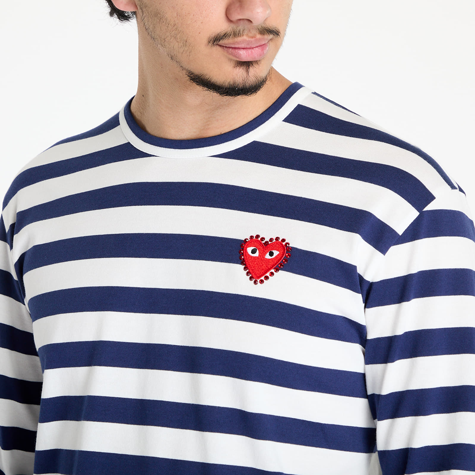 T-shirts Comme des Garçons PLAY Stripe Emblem x Rhinestone Long Sleeve Tee UNISEX Navy/ White