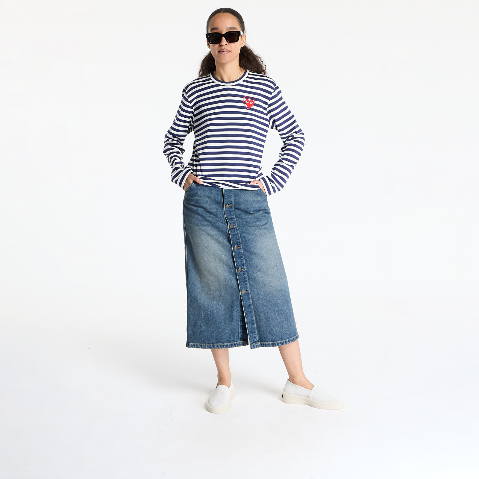 Pólók Comme des Garçons PLAY Stripe Emblem x Metalstone Long Sleeve Tee UNISEX Navy/ White