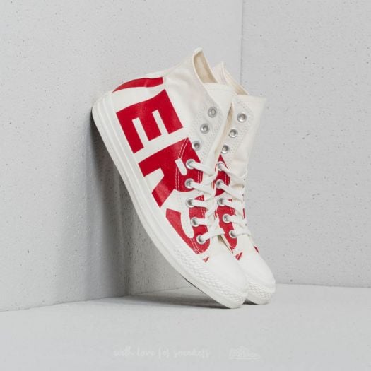 White converse with red letters hot sale