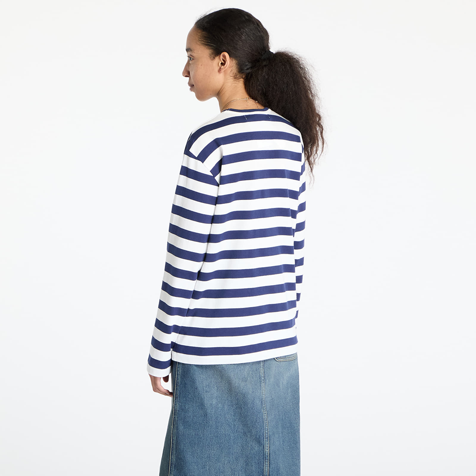T-shirts Comme des Garçons PLAY Stripe Emblem x Rhinestone Long Sleeve Tee UNISEX Navy/ White