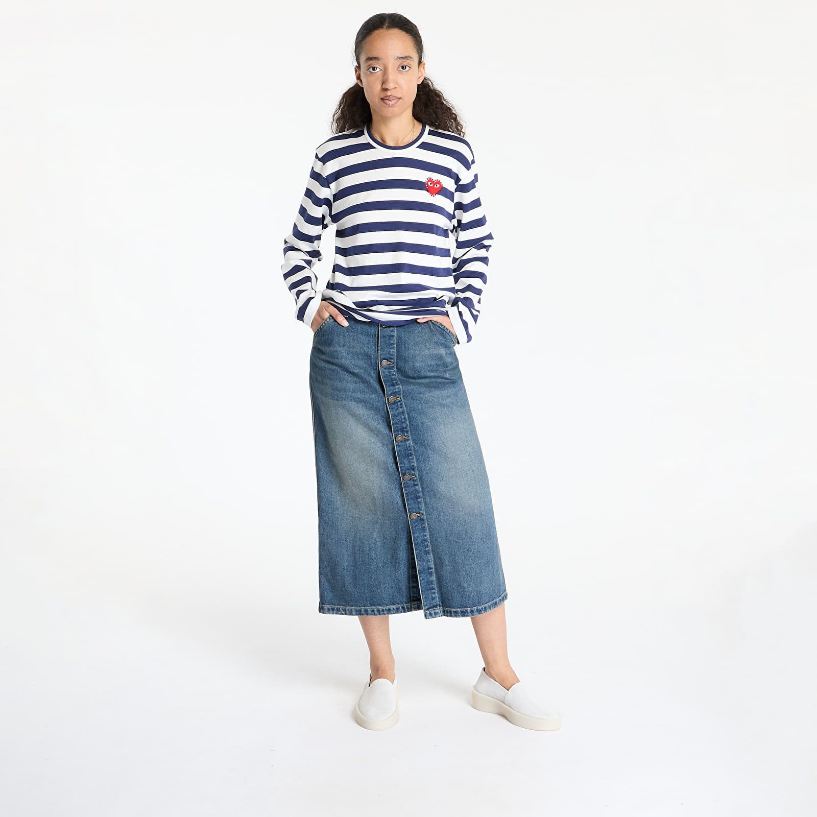T-shirts Comme des Garçons PLAY Stripe Emblem x Rhinestone Long Sleeve Tee UNISEX Navy/ White