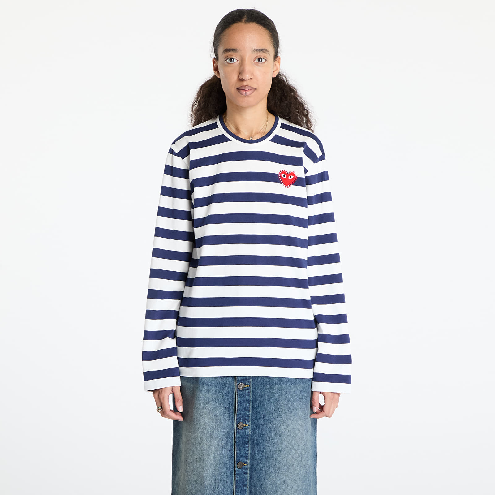 T-shirts Comme des Garçons PLAY Stripe Emblem x Rhinestone Long Sleeve Tee UNISEX Navy/ White