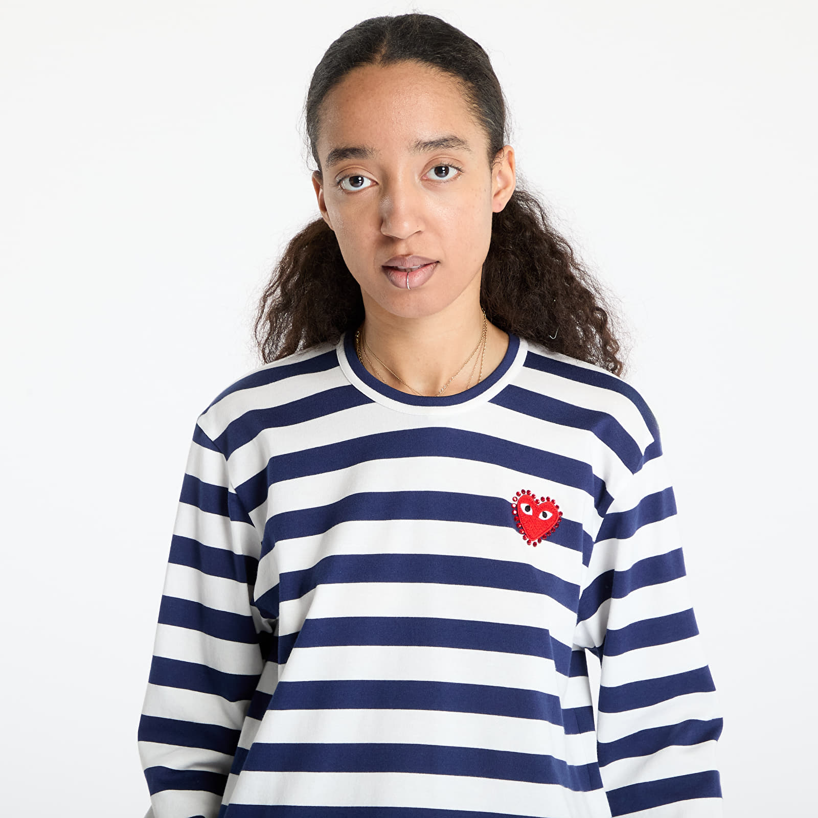T-shirts Comme des Garçons PLAY Stripe Emblem x Rhinestone Long Sleeve Tee UNISEX Navy/ White