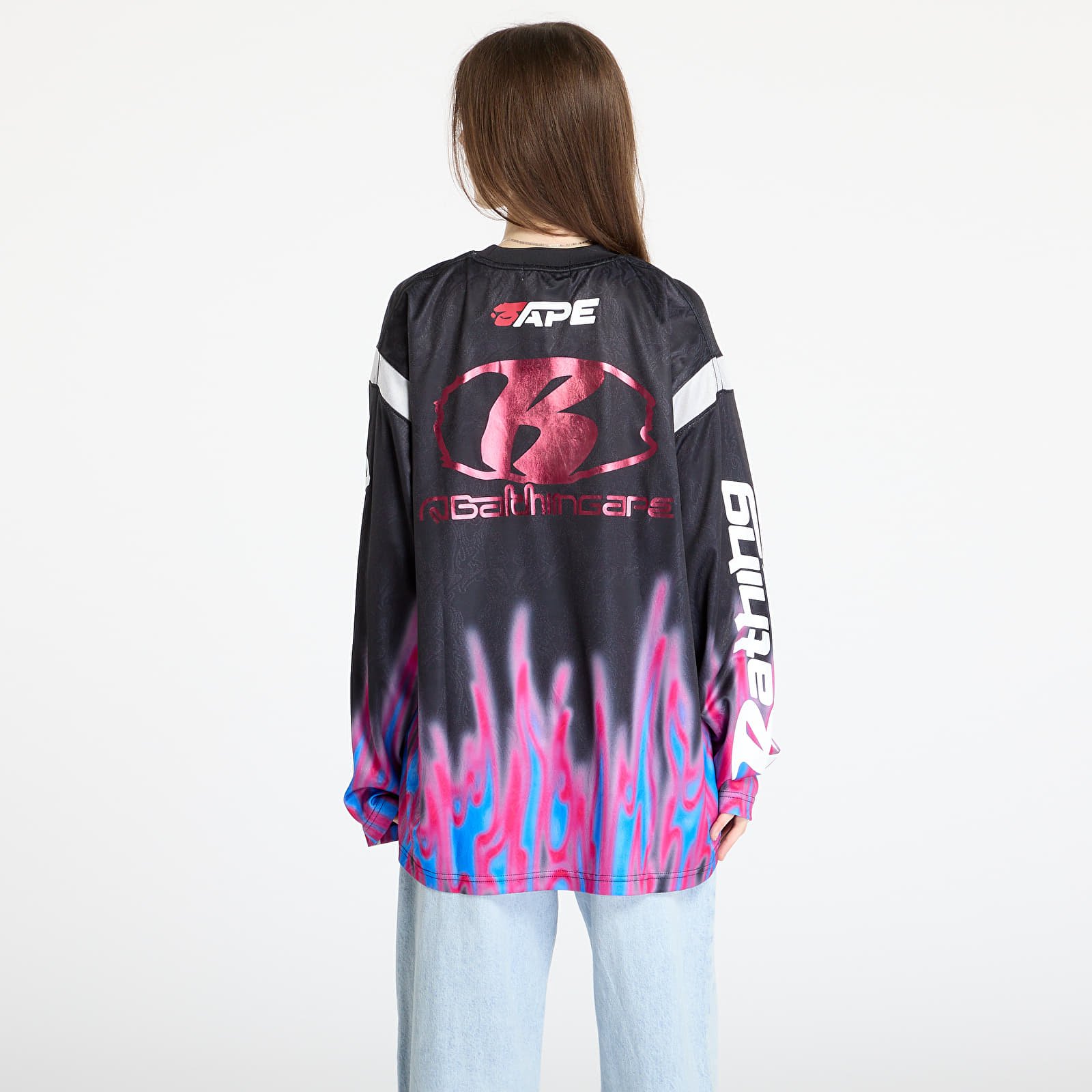 Jerseys A BATHING APE Flame Pattern Multilogo Relaxed Fit Football Jersey UNISEX Black